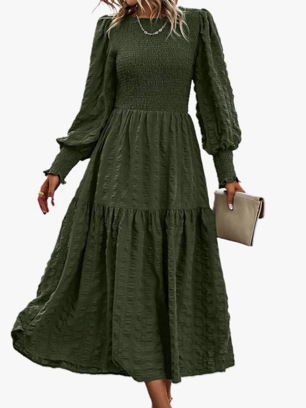 Olive Green Smocked Maxi Dress with Puff Sleeves